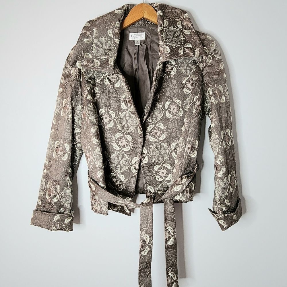 Talbots collection blazer tie closure open front warm gray woman size 10